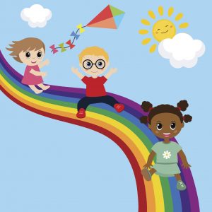 Illustration of children slide down on a rainbow. Background with rainbow and clouds.